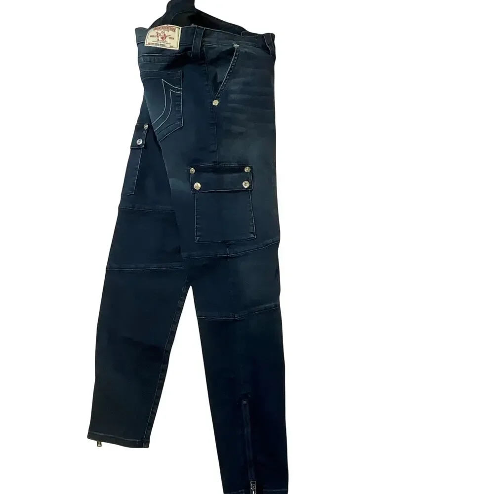 True Religion Men’s 33 Super Skinny Dark Wash Cargo Moto Jeans Zipper Ankle